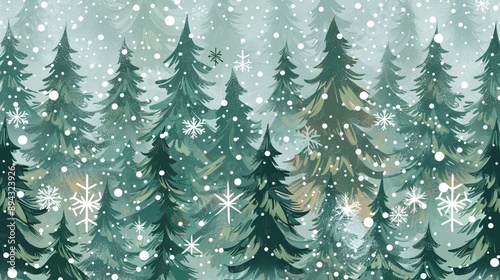 Seamless green winter forest with snowflakes