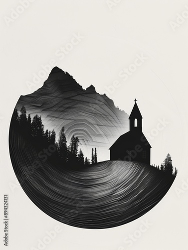A wooden church on a hilltop, rendered in stark black-and-white with deep shadows. Ideal for minimalist, dramatic, and religious imagery.