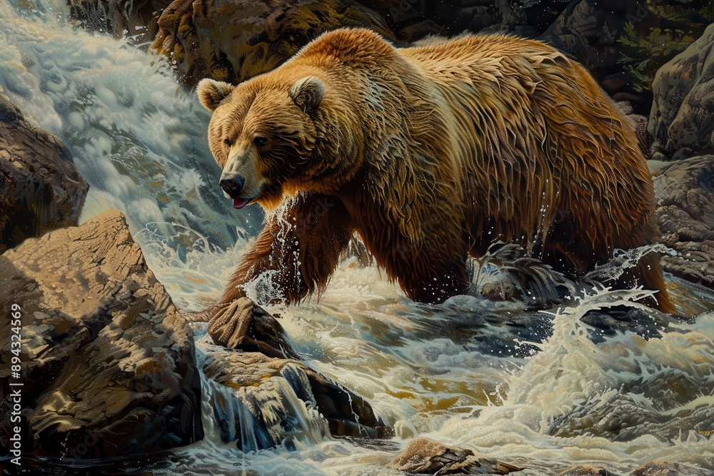 Fototapeta premium A majestic brown bear fishing for salmon in a fast-flowing river. 