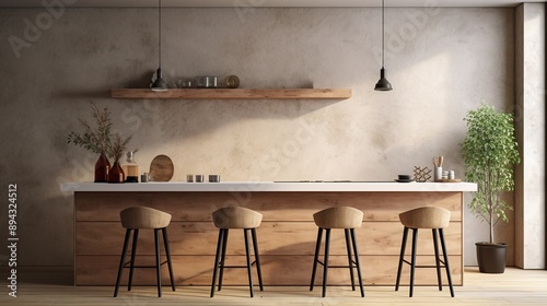 Home kitchen interior with bar counter, cabinet and window. Mock up wall