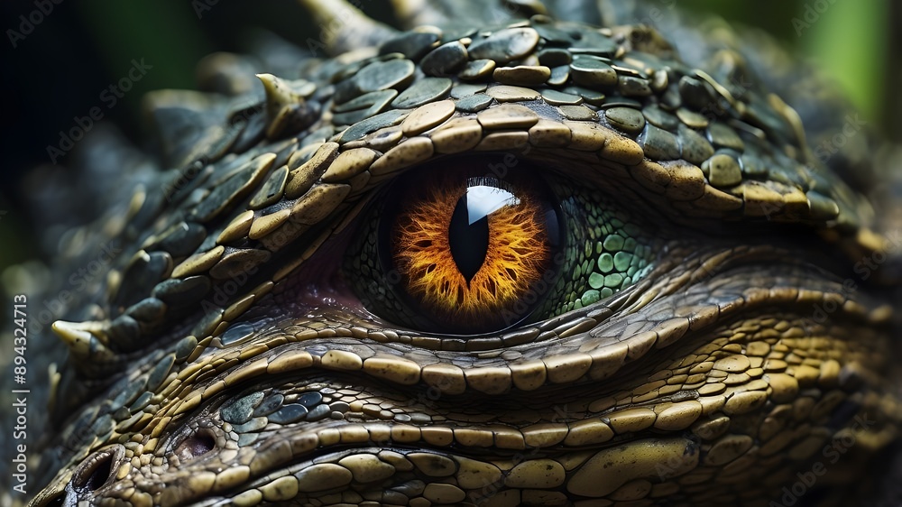 close-up of an enigmatic dragon eye on a wild reptile. AI-produced picture close-up of an enigmatic dragon eye on a wild reptile. AI-produced picture