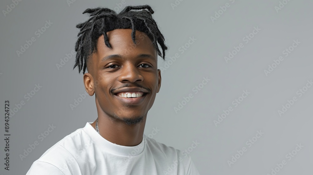 Realistic hyper-detailed portrait of a cheerful young African man smiling, his face reflecting pride and satisfaction in reaching a significant milestone in his career. Background images that Realistic hyper-detailed portrait of a cheerful young African man smiling, his face reflecting pride and satisfaction in reaching a significant milestone in his career. Background images that