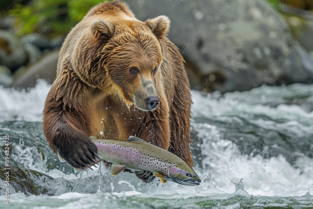 Fototapeta premium A majestic brown bear fishing for salmon in a fast-flowing river. 