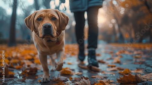 Obraz na płótnie Close-up of a dog walking with its owner on a leafy park path during autumn. Ideal for themes of companionship, nature, and pets. w salonie