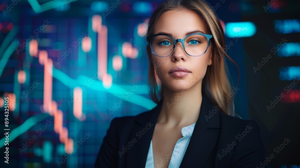 Portrait of Young Businesswoman in Glasses Against a Blue Background Portrait of Young Businesswoman in Glasses Against a Blue Background