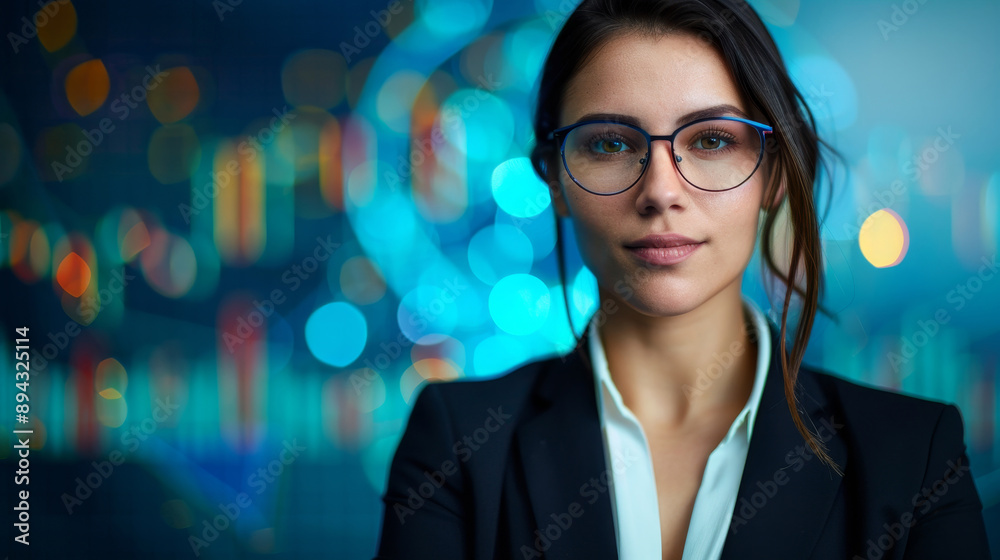 Confident Businesswoman with Glasses and Bokeh Lights Confident Businesswoman with Glasses and Bokeh Lights