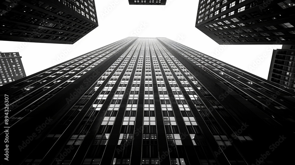 Skyscrapers from below. Dramatic black and white perspective of tall city buildings, capturing the grandeur of urban architecture. High-rise buildings and cityscape photography.
