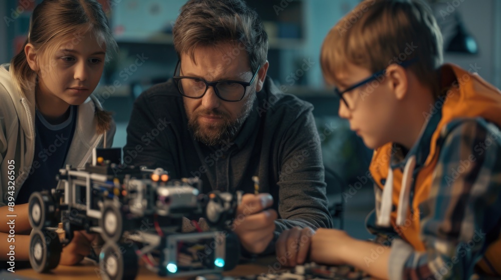 Father and Children Working on Robot. Father and Children Working on Robot.