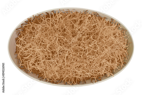 Oval gift package box with brown craft wrapping shredded paper as a filler isolated on white. Top view of round cardboard pack. Careful delivery of fragile valuable goods. Vector illustration