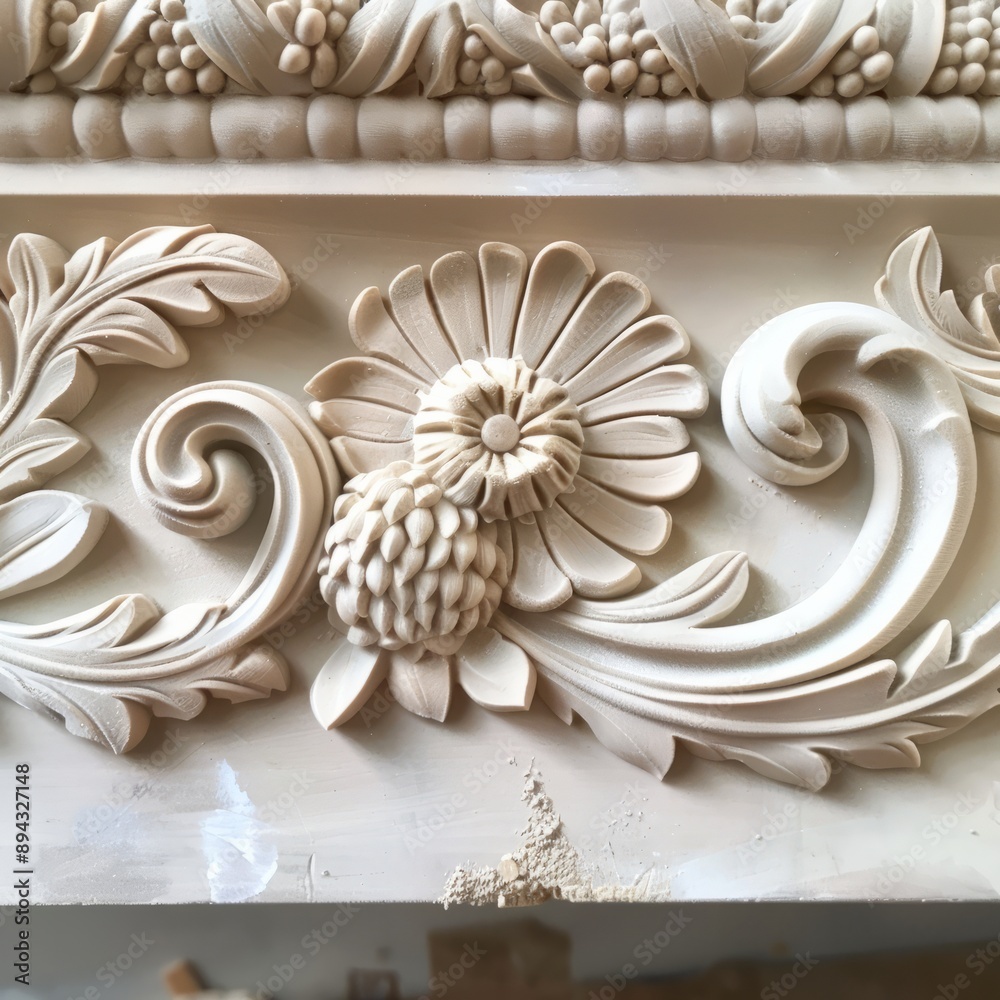 Decorative stucco molding made of white clay with an ornament on the wall or ceiling.
Decorative stucco molding made of white clay with an ornament on the wall or ceiling.