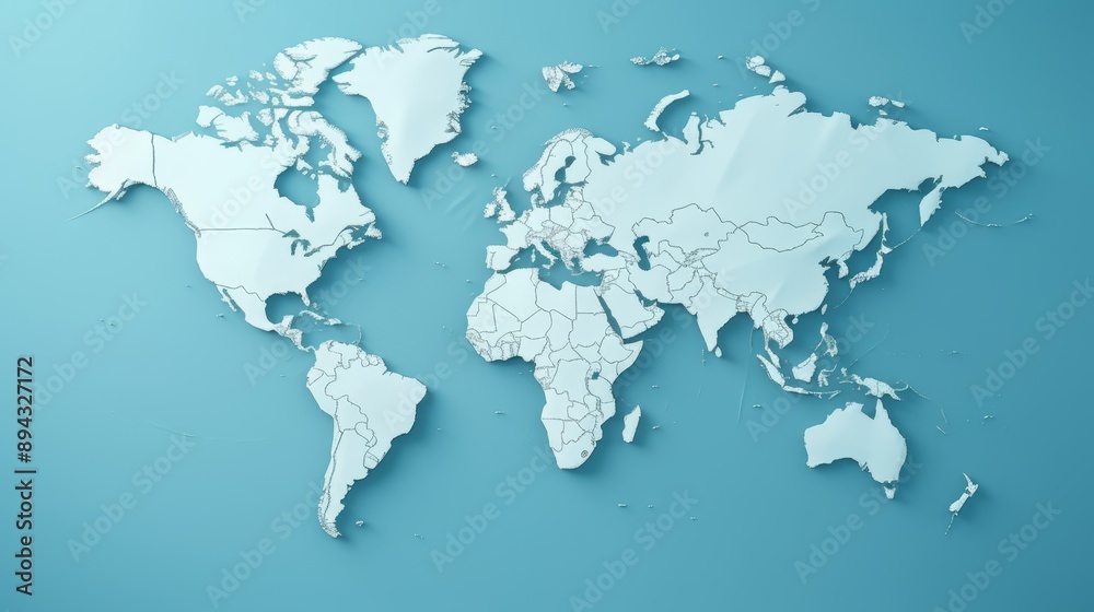 Simple flat world map with blank continents on blue background, minimalist design Simple flat world map with blank continents on blue background, minimalist design