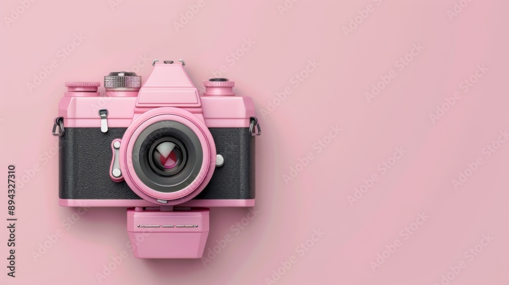 Fototapeta premium Pink vintage camera on pink background.