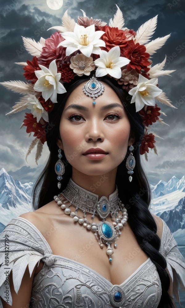 Naklejka premium Woman with Flower Crown and Jewelry.