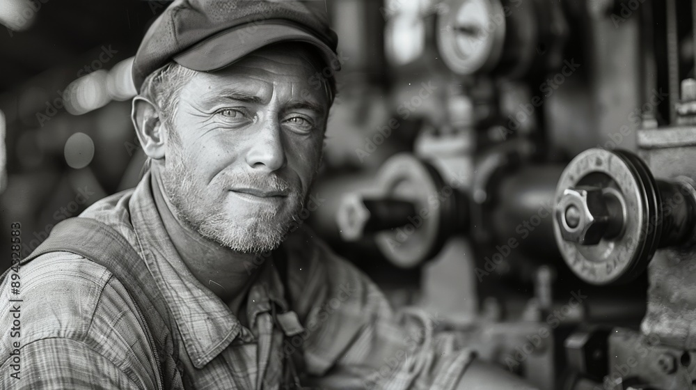 A worker in an old factory, captured with stark lighting and high contrast. Perfect for industrial, vintage, and character-driven portraits.