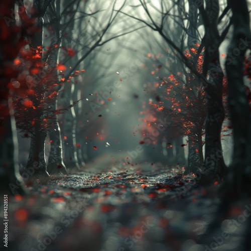 Dreamlike forest pathway with vibrant red leaves floating in the air. Ideal for fantasy, storytelling, or seasonal themes.