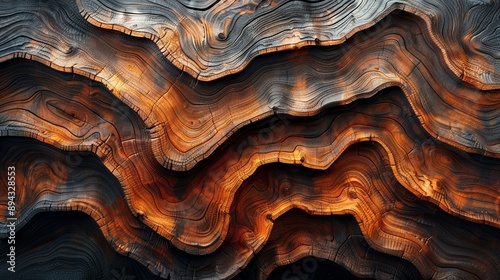 Macro photograph of layered wood grain showcasing intricate lines and rich colors. Ideal for natural backgrounds, artistic textures, and rustic design themes.