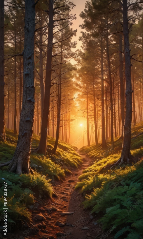 Fototapeta premium Sunlit Path Through Misty Forest.