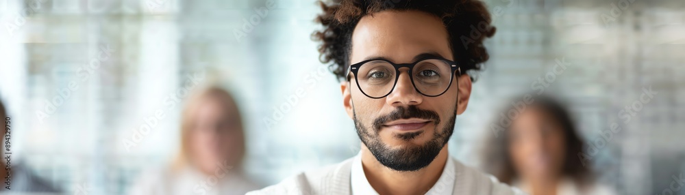 Confident man with glasses in a professional setting, engaging with a diverse audience in a modern office environment. Confident man with glasses in a professional setting, engaging with a diverse audience in a modern office environment.