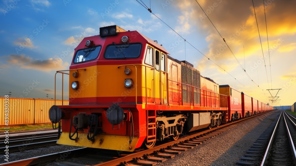 Obraz premium Freight train carrying a substantial shipping container travels along the railway tracks