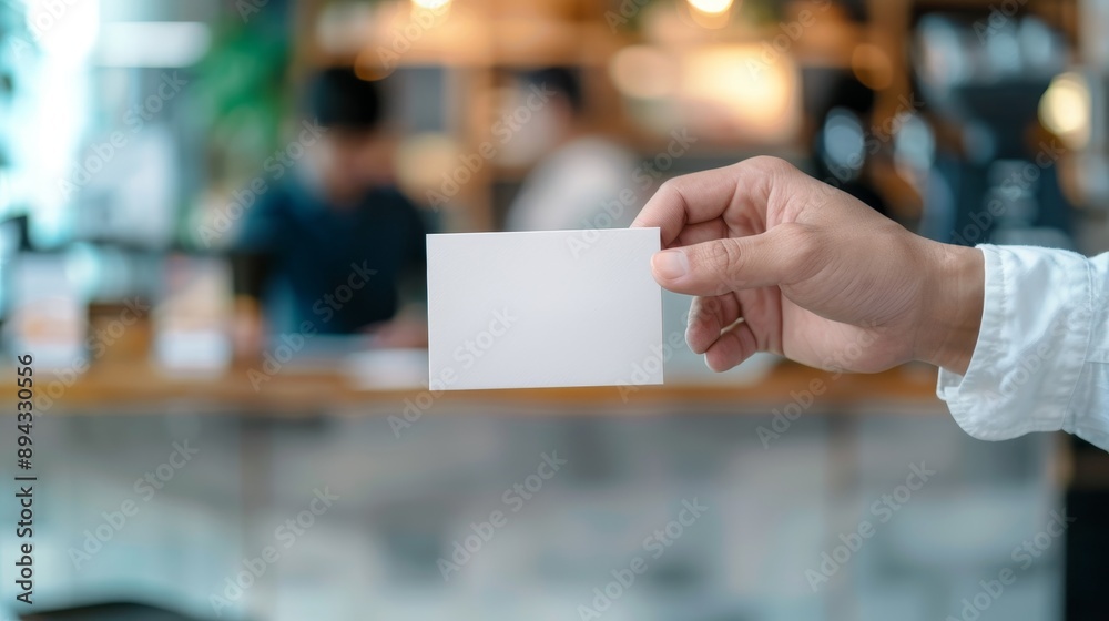 Hand Holding Blank White Card in Cafe Hand Holding Blank White Card in Cafe