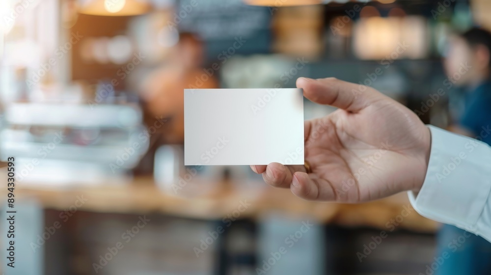Hand Holding Blank White Card In Cafe Blur Background Hand Holding Blank White Card In Cafe Blur Background