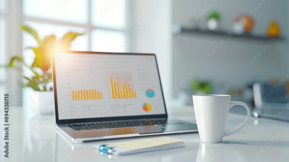 Laptop, Coffee Cup, and Notebook on a White Desk Laptop, Coffee Cup, and Notebook on a White Desk