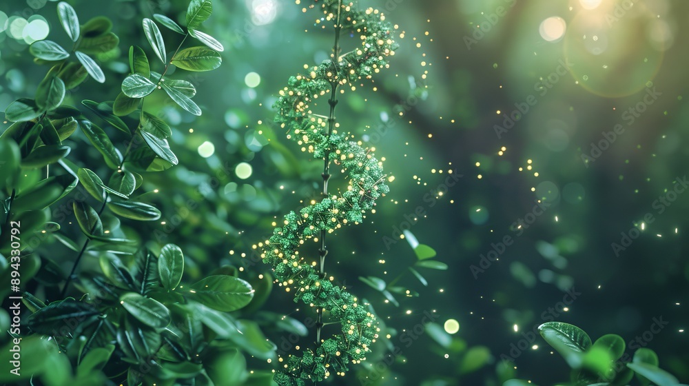 Conceptual illustration of synthetic biology or green biotechnology, featuring an intricate dna structure intertwined with plant elements and a futuristic space backdrop, symbolizing the fusion of gen Conceptual illustration of synthetic biology or green biotechnology, featuring an intricate dna structure intertwined with plant elements and a futuristic space backdrop, symbolizing the fusion of gen