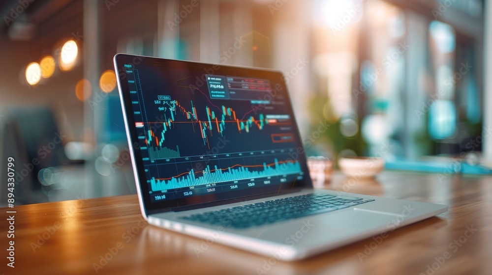 Laptop with Stock Market Charts on Screen Laptop with Stock Market Charts on Screen