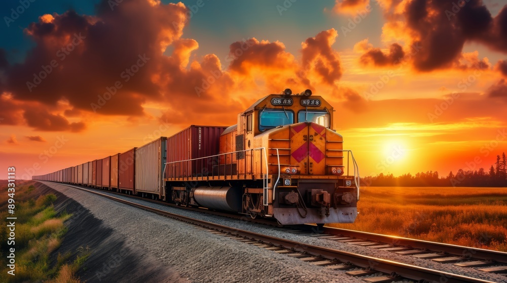 Cargo train transporting a large container on a railway track in a busy industrial setting Cargo train transporting a large container on a railway track in a busy industrial setting