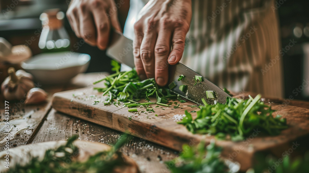 A cook working in the kitchen, cutting green vegetables on a wooden board, holding a knife in his hand.
A cook working in the kitchen, cutting green vegetables on a wooden board, holding a knife in his hand.