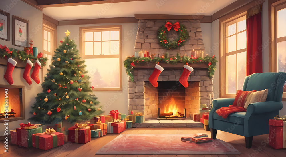 A cozy illustration of a Christmas morning with a decorated tree, presents, and stockings hung by the fireplace, with space for text. A cozy illustration of a Christmas morning with a decorated tree, presents, and stockings hung by the fireplace, with space for text.