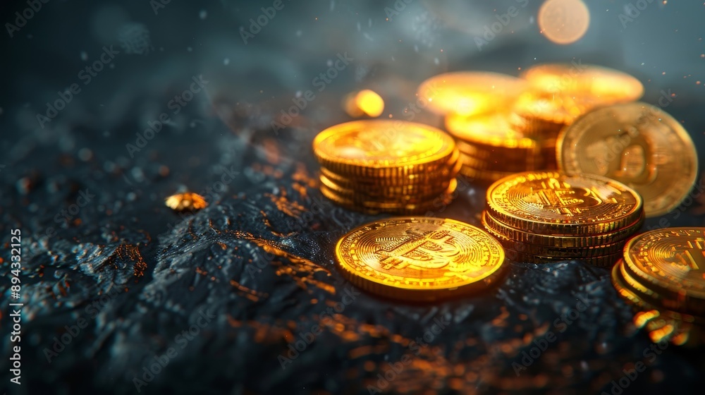 Golden Bitcoin Cryptocurrency on Dark Background Golden Bitcoin Cryptocurrency on Dark Background