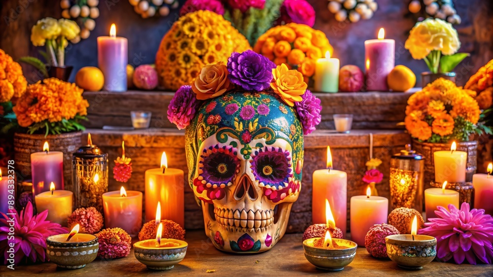 Vibrant sugar skull decorated with marigolds and purple flowers on a ornate altar surrounded by lit candles, incense, and traditional Day of the Dead offerings. Vibrant sugar skull decorated with marigolds and purple flowers on a ornate altar surrounded by lit candles, incense, and traditional Day of the Dead offerings.