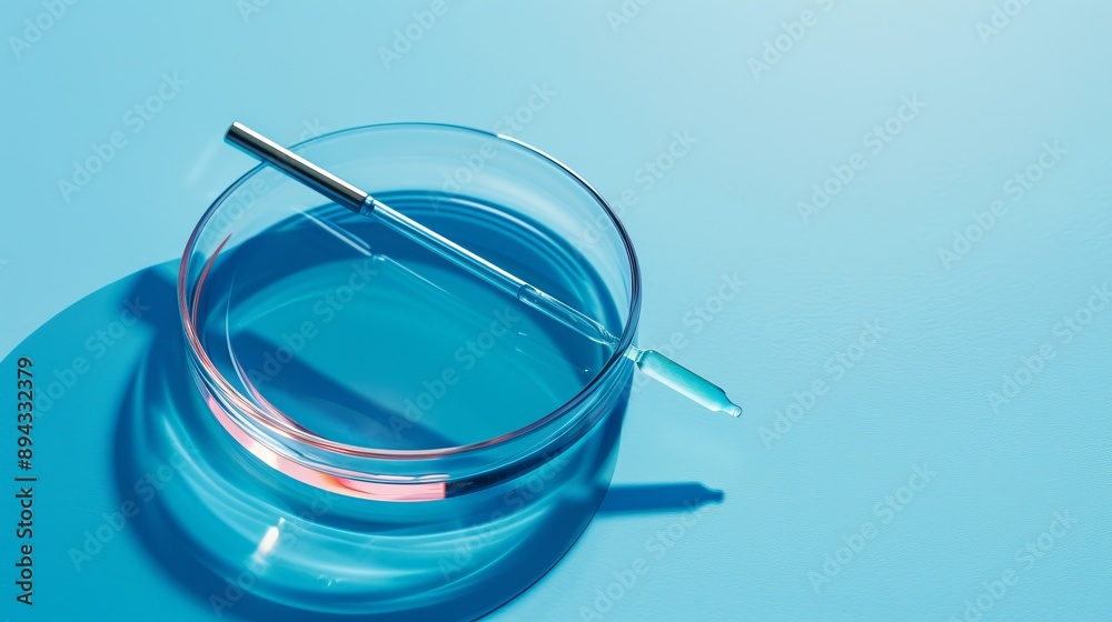 Pipette dispensing cosmetic product sample into petri dish on blue background, highlighting laboratory testing and scientific research concepts with selective focus Pipette dispensing cosmetic product sample into petri dish on blue background, highlighting laboratory testing and scientific research concepts with selective focus