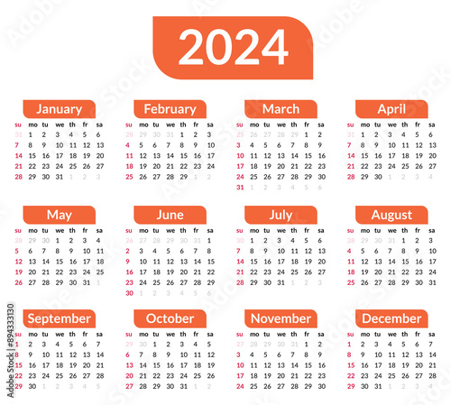 2024 calendar. Week starts on Sunday. Simple calendar layout. Yearly diary. Minimal stationery template with 12 months, in English. Pocket or wall formats