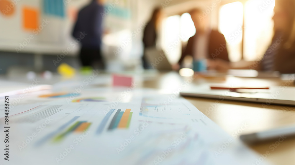 Graphic documents are lying on a desk against the background of an office workspace Graphic documents are lying on a desk against the background of an office workspace