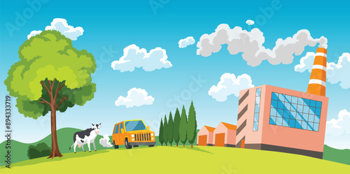 Carbon cycle, part of the biogeochemical cycle. Science education concept illustration with nature farm landscape. Greenhouse gases absorption