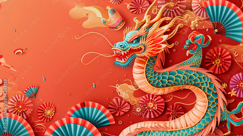 Celebrate the 2025 Chinese New Year with this vibrant banner featuring an oriental dragon and traditional folding paper fans on a red background. Perfect for Lunar New Year festivities! Celebrate the 2025 Chinese New Year with this vibrant banner featuring an oriental dragon and traditional folding paper fans on a red background. Perfect for Lunar New Year festivities!