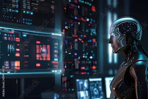 Advanced AI Bot in High-Tech Control Room: Futuristic Robotics and Artificial Intelligence for Sci-Fi and Tech Illustrations