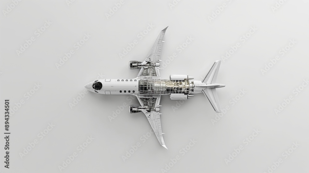 Top-down view of an airplane with a partial cutaway showing interior structural components. Top-down view of an airplane with a partial cutaway showing interior structural components.