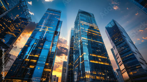 City lights up at night, with tall, shiny buildings reaching into the sky. Perfect for promoting the newest technology.