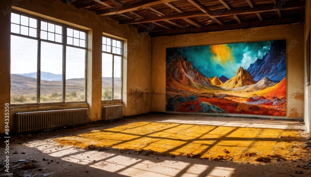 Fototapeta premium Abandoned Building with Mountain Landscape Painting.