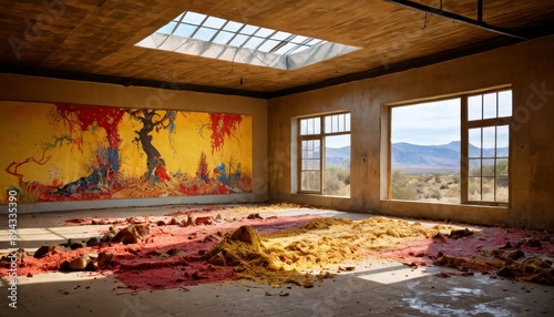 Abandoned Building With Colorful Paint Splatters.