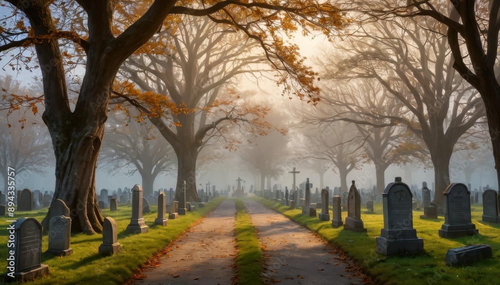 Fototapeta premium Foggy Cemetery Path.