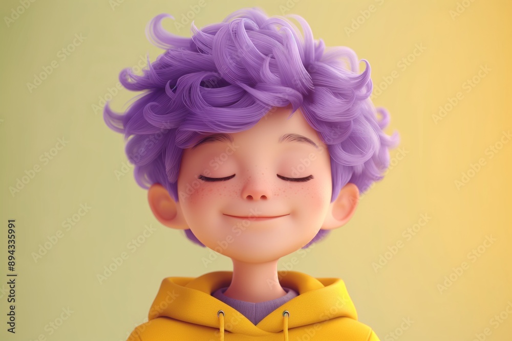 Happy, smiling character with curly purple hair and a bright aura Happy, smiling character with curly purple hair and a bright aura