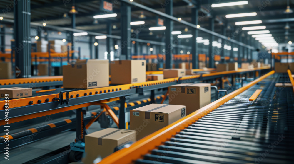 Fototapeta premium Conveyors in a package sorting center automatically sort and prepare packages for delivery. This automated system ensures efficient package handling and timely delivery.