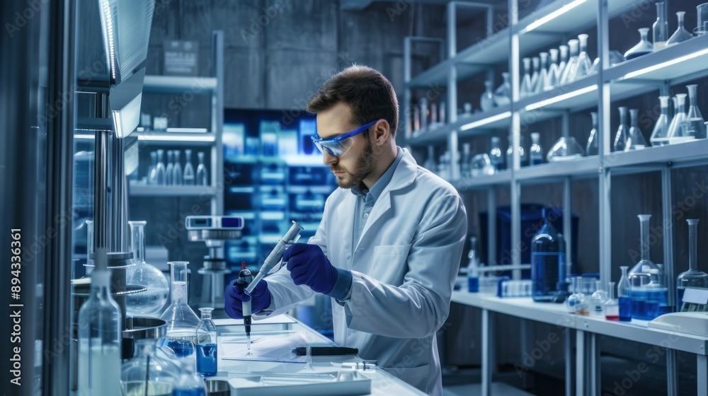 Scientist working diligently in a modern laboratory, conducting research and experiments with laboratory equipment and glassware on the workbench Scientist working diligently in a modern laboratory, conducting research and experiments with laboratory equipment and glassware on the workbench