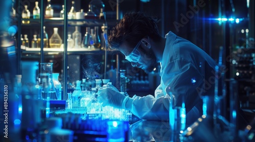 Scientist working diligently in a modern laboratory, conducting research and experiments with laboratory equipment and glassware on the workbench