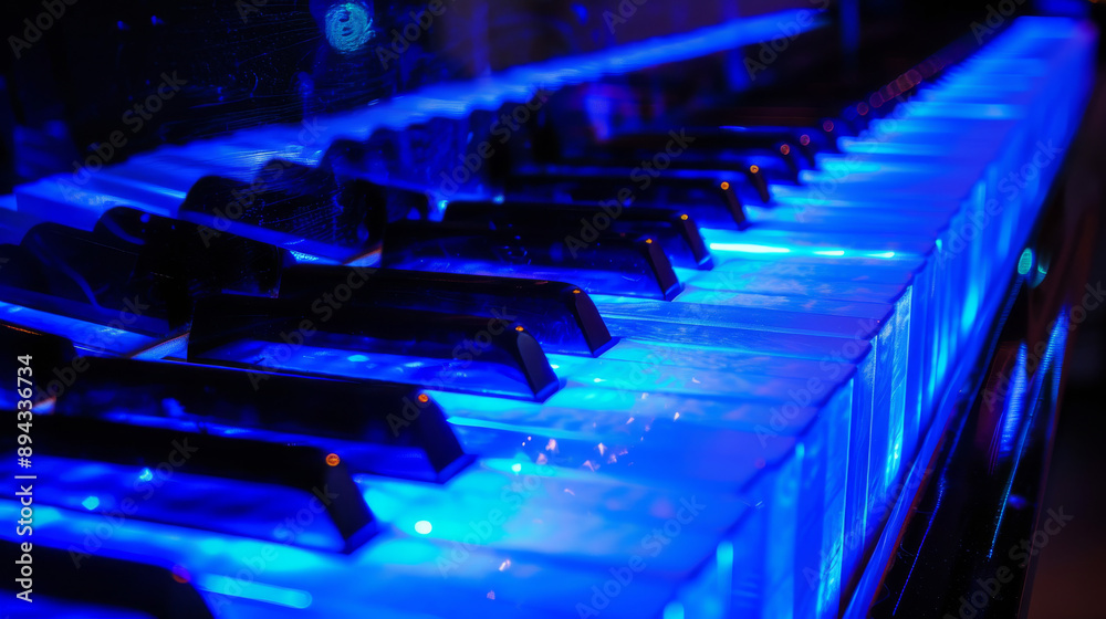 Piano keys lit by blue fibre optic light create a captivating visual experience. Piano keys lit by blue fibre optic light create a captivating visual experience.