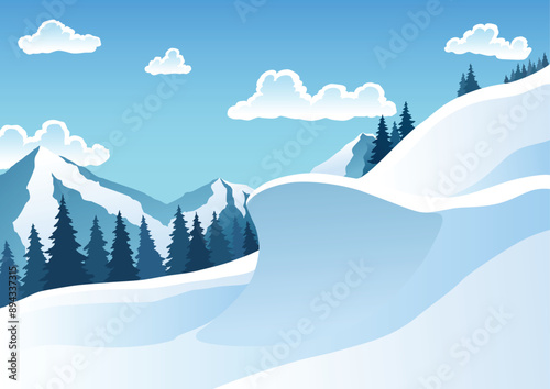 Mountain ski resort landscape. Winter web banner design. Sport on vacations or winter activity. Vector cartoon illustration